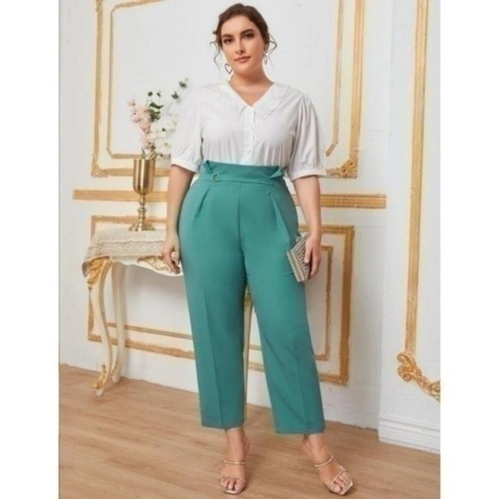 SHEIN Plus Green Paperbag Waist Pants Size - 0XL  4 0036